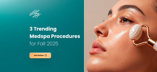 A close-up side profile of a woman with dewy skin, using a jade roller on her cheek. Text reads: "3 Trending Medspa Procedures for Fall 2025."