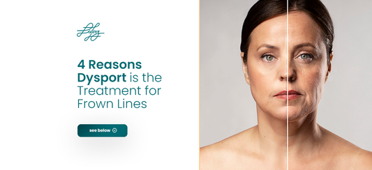 A woman's face, split in two with a vertical line. The left side is smooth, while the right side shows wrinkles, specifically frown lines. Text reads: "4 Reasons Dysport is the Treatment for Frown Lines."
