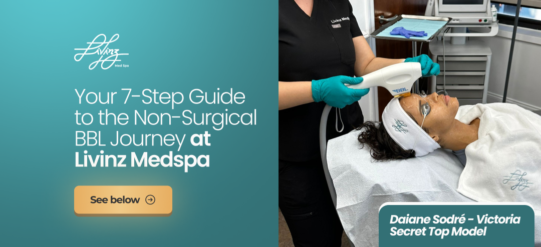 A Livinz Medspa employee performs a non-surgical BBL (Broadband Light) facial treatment on the patient, identified as Top Model Daiane Sodré. The image features the title: "Your 7-Step Guide to the Non-Surgical BBL Journey at Livinz Medspa."