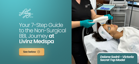 A Livinz Medspa employee performs a non-surgical BBL (Broadband Light) facial treatment on the patient, identified as Top Model Daiane Sodré. The image features the title: "Your 7-Step Guide to the Non-Surgical BBL Journey at Livinz Medspa."